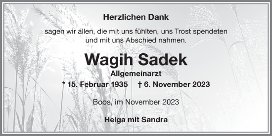 Traueranzeige von Wagih Sadek von Memminger Zeitung