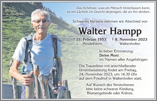 Traueranzeige von Walter Hampp von Allgäuer Zeitung,Kempten
