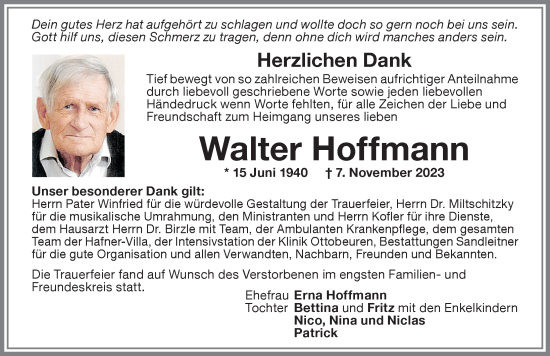 Traueranzeige von Walter Hoffmann von Memminger Zeitung