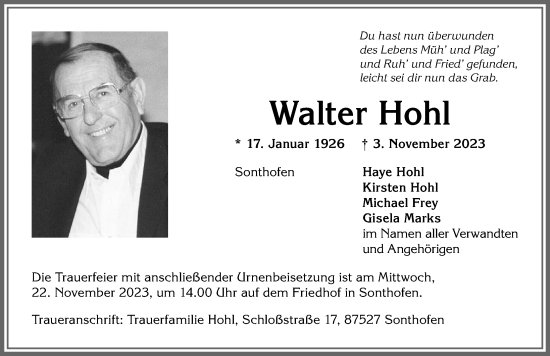 Traueranzeige von Walter Hohl von Allgäuer Anzeigeblatt