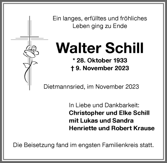 Traueranzeige von Walter Schill von Allgäuer Zeitung,Kempten