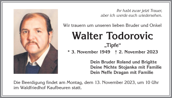 Traueranzeige von Walter Todorovic von Allgäuer Zeitung, Kaufbeuren/Buchloe