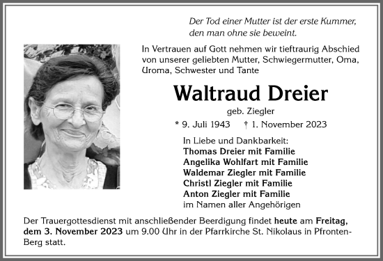 Traueranzeige von Waltraud Dreier von Allgäuer Zeitung, Füssen