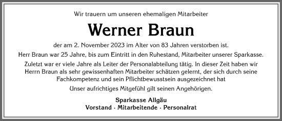 Traueranzeige von Werner Braun von Allgäuer Anzeigeblatt
