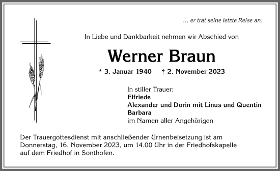 Traueranzeige von Werner Braun von Allgäuer Anzeigeblatt