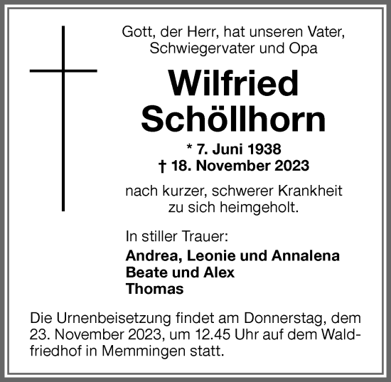 Traueranzeige von Wilfried Schöllhorn von Memminger Zeitung
