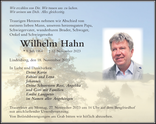 Traueranzeige von Wilhelm Hahn von Der Westallgäuer