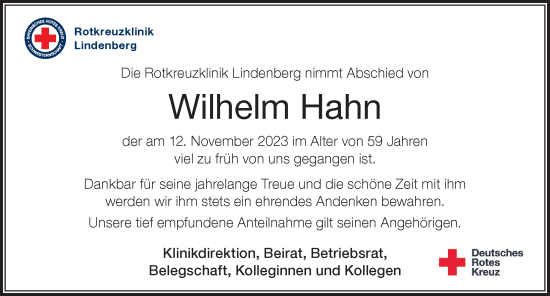 Traueranzeige von Wilhelm Hahn von Der Westallgäuer