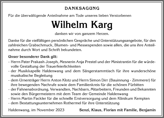 Traueranzeige von Wilhelm Karg von Allgäuer Zeitung,Kempten