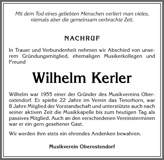 Traueranzeige von Wilhelm Kerler von Allgäuer Zeitung, Kaufbeuren/Buchloe