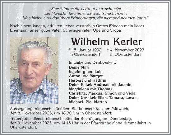 Traueranzeige von Wilhelm Kerler von Allgäuer Zeitung, Kaufbeuren/Buchloe