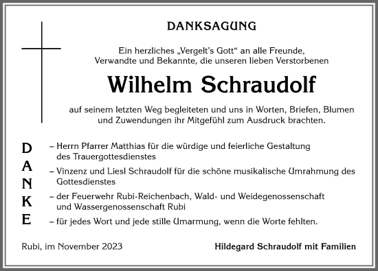 Traueranzeige von Wilhelm Schraudolf von Allgäuer Anzeigeblatt