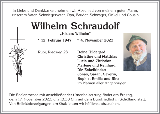 Traueranzeige von Wilhelm Schraudolf von Allgäuer Anzeigeblatt