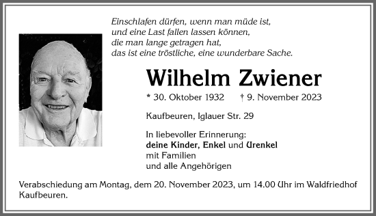 Traueranzeige von Wilhelm Zwiener von Allgäuer Zeitung, Kaufbeuren/Buchloe