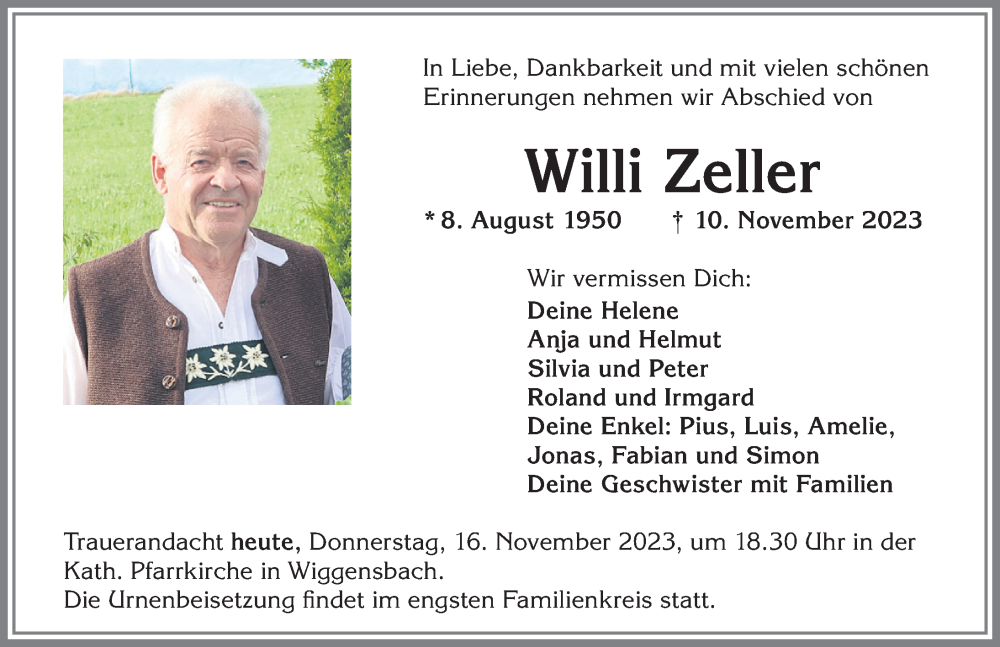  Traueranzeige für Willi Zeller vom 16.11.2023 aus Allgäuer Zeitung,Kempten