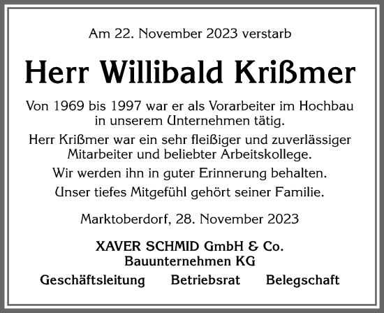 Traueranzeige von Willibald Krißmer von Allgäuer Zeitung, Marktoberdorf