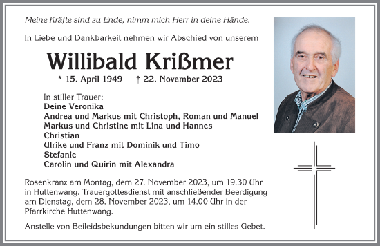 Traueranzeige von Willibald Krißmer von Allgäuer Zeitung, Kaufbeuren/Buchloe