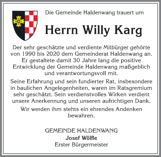 Traueranzeige von Willy Karg von Allgäuer Zeitung,Kempten
