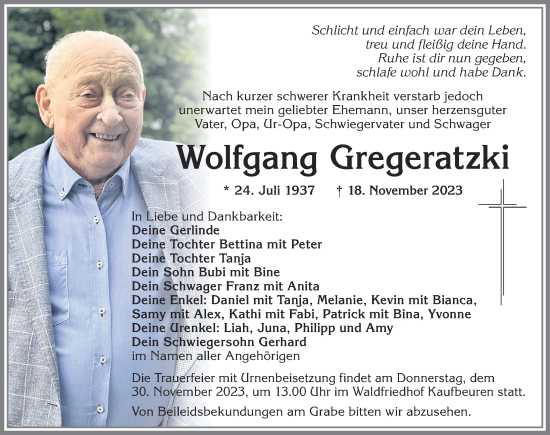 Traueranzeige von Wolfgang Gregeratzki von Allgäuer Zeitung, Kaufbeuren/Buchloe