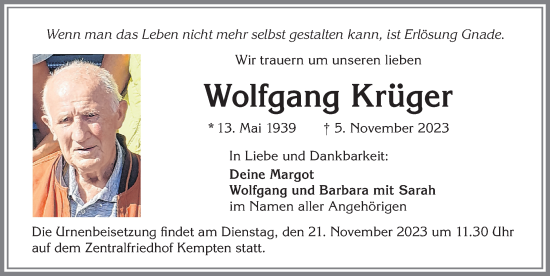 Traueranzeige von Wolfgang Krüger von Allgäuer Zeitung,Kempten