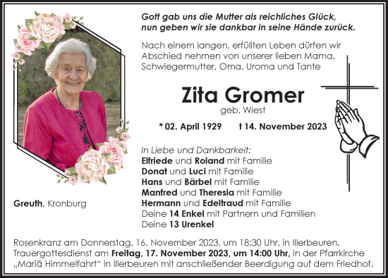Traueranzeige von Zita Gromer von Memminger Zeitung