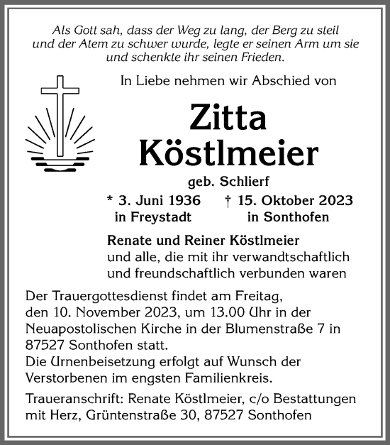 Traueranzeige von Zitta Köstlmeier von Allgäuer Anzeigeblatt
