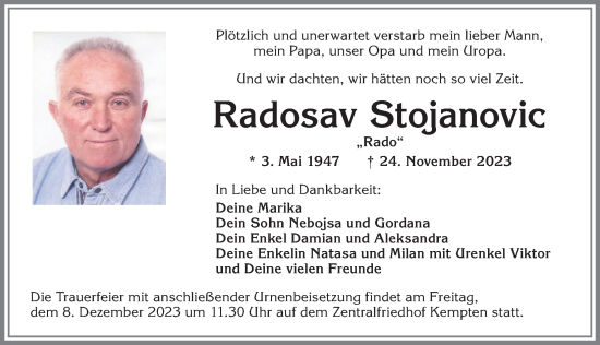 Traueranzeige von Radosav Stojanovic von Allgäuer Zeitung,Kempten