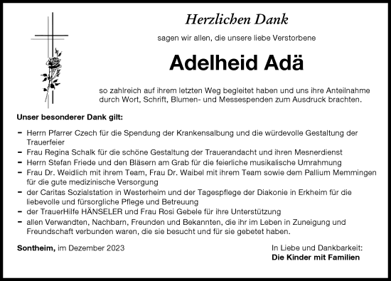 Traueranzeige von Adelheid Adä von Memminger Zeitung