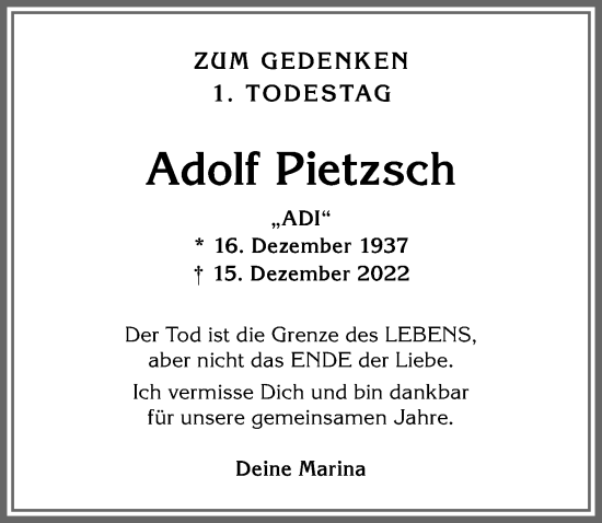 Traueranzeige von Adolf Pietzsch von Allgäuer Anzeigeblatt