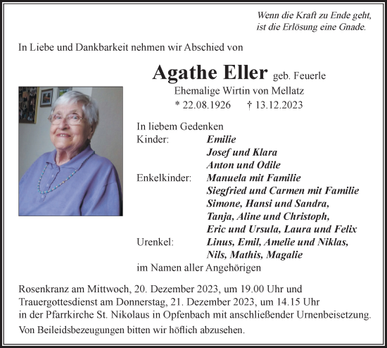 Traueranzeige von Agathe Eller von Der Westallgäuer