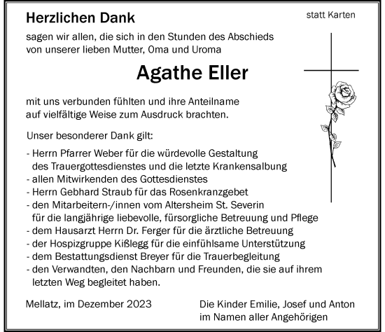 Traueranzeige von Agathe Eller von Der Westallgäuer
