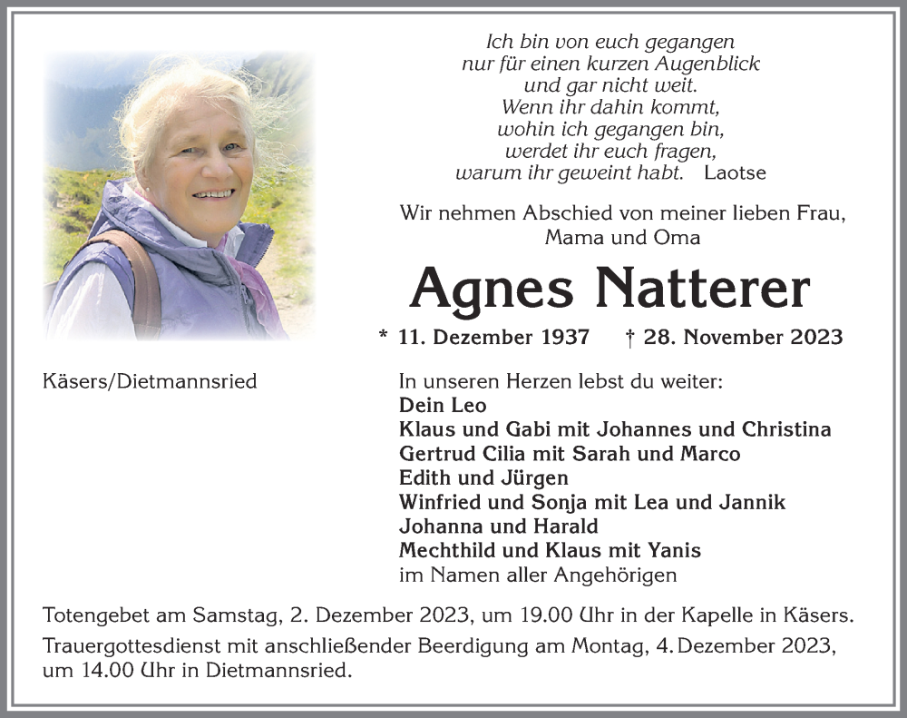 Traueranzeige für Agnes Natterer vom 02.12.2023 aus Allgäuer Zeitung,Kempten
