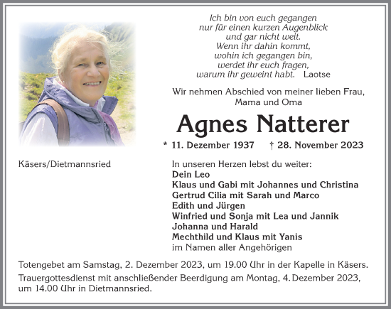 Traueranzeige von Agnes Natterer von Allgäuer Zeitung,Kempten