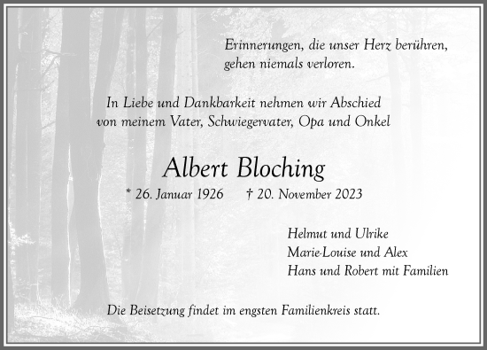Traueranzeige von Albert Bloching von Memminger Zeitung