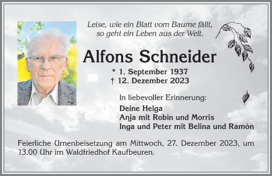 Traueranzeige von Alfons Schneider von Allgäuer Zeitung, Kaufbeuren/Buchloe