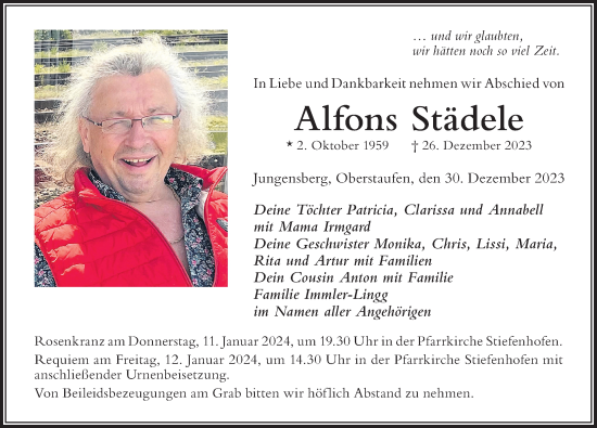 Traueranzeige von Alfons Städele von Der Westallgäuer