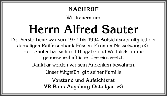 Traueranzeige von Alfred Sauter von Allgäuer Zeitung, Füssen