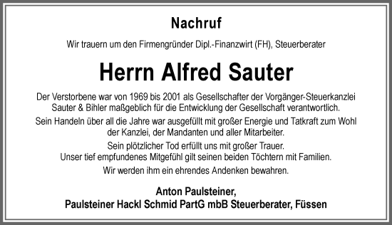 Traueranzeige von Alfred Sauter von Allgäuer Zeitung, Füssen