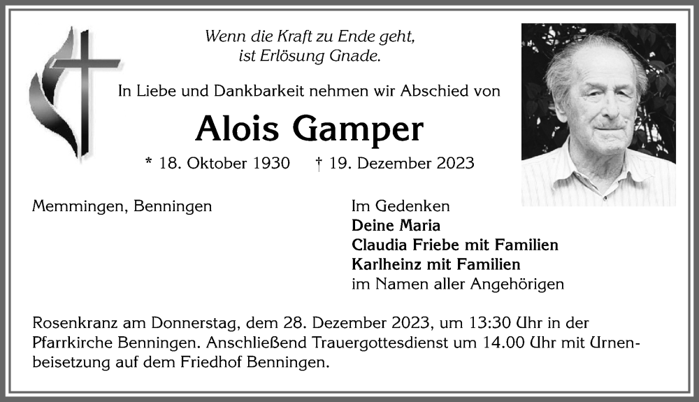  Traueranzeige für Alois Gamper vom 22.12.2023 aus Memminger Zeitung