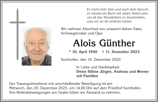 Traueranzeige von Alois Günther von Allgäuer Anzeigeblatt