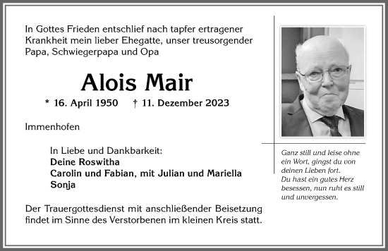Traueranzeige von Alois Mair von Allgäuer Zeitung, Marktoberdorf