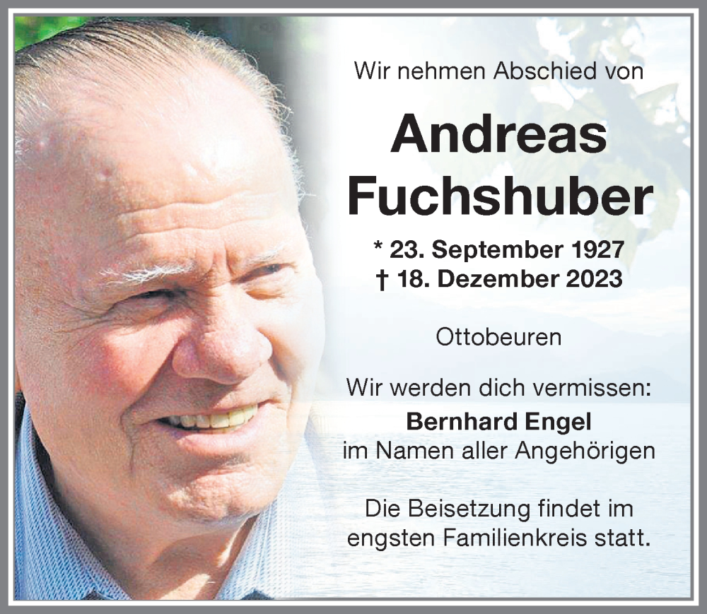 Traueranzeige für Andreas Fuchshuber vom 22.12.2023 aus Memminger Zeitung