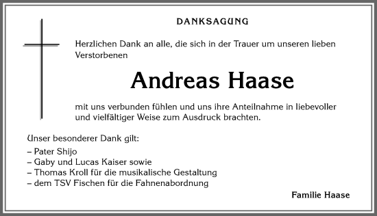 Traueranzeige von Andreas Haase von Allgäuer Anzeigeblatt