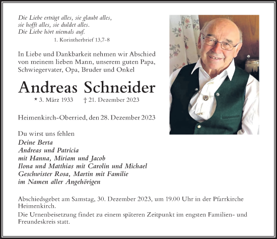 Traueranzeige von Andreas Schneider von Der Westallgäuer