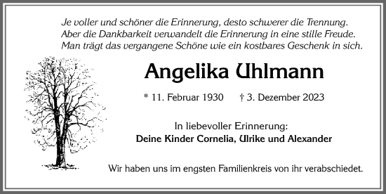 Traueranzeige von Angelika Uhlmann von Allgäuer Zeitung, Füssen
