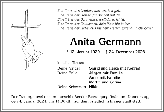 Traueranzeige von Anita Germann von Allgäuer Anzeigeblatt