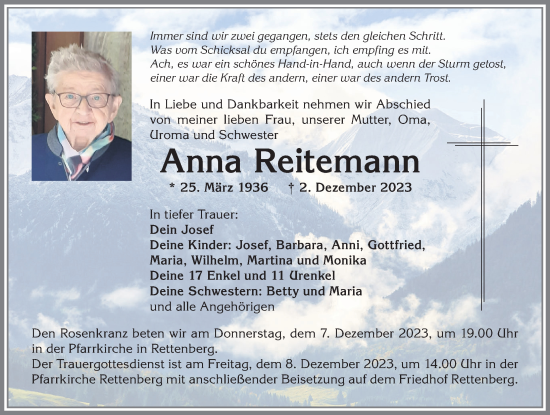Traueranzeige von Anna Reitemann von Allgäuer Anzeigeblatt