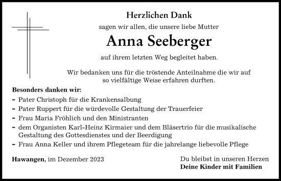 Traueranzeige von Anna Seeberger von Memminger Zeitung