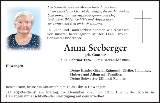 Traueranzeige von Anna Seeberger von Memminger Zeitung