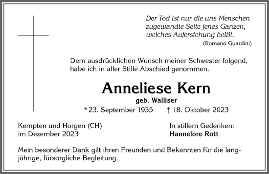 Traueranzeige von Anneliese Kern von Allgäuer Zeitung,Kempten